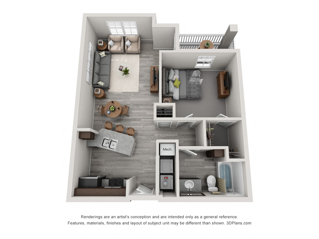 Floor plan for 1 bed, 1 bath, 723 sqft